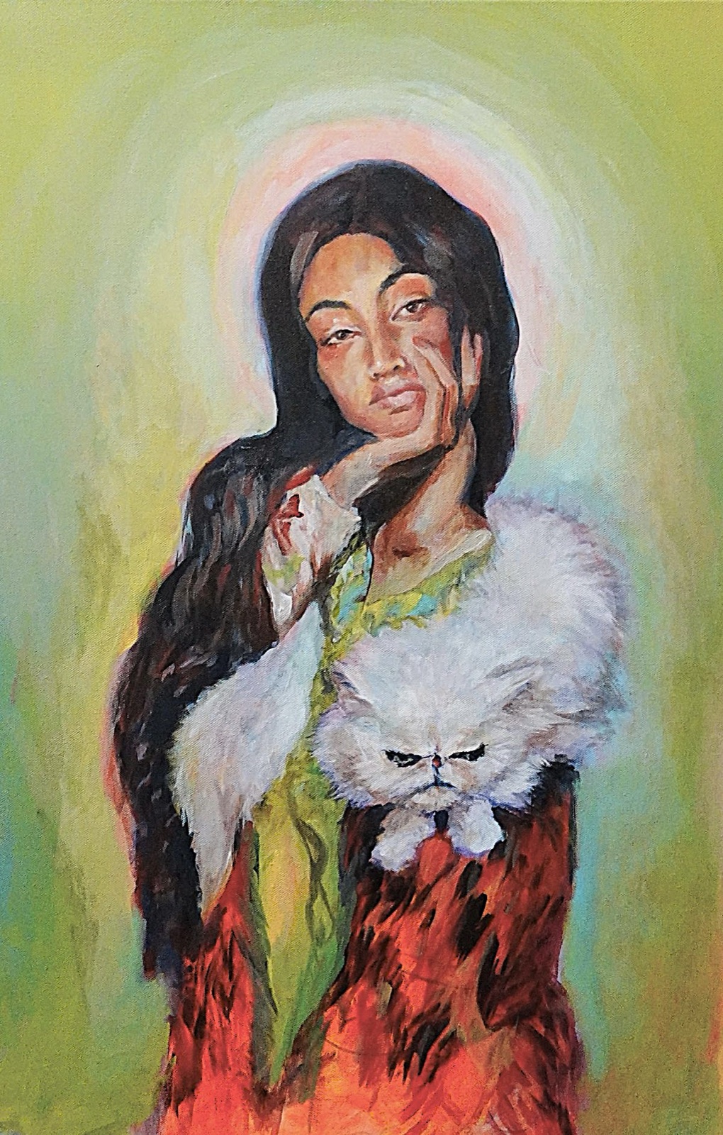 Silk and Amber, original oil painting on canvas by Houston artist Mia Cugasi, warm amber tones, 22 by 28 inches